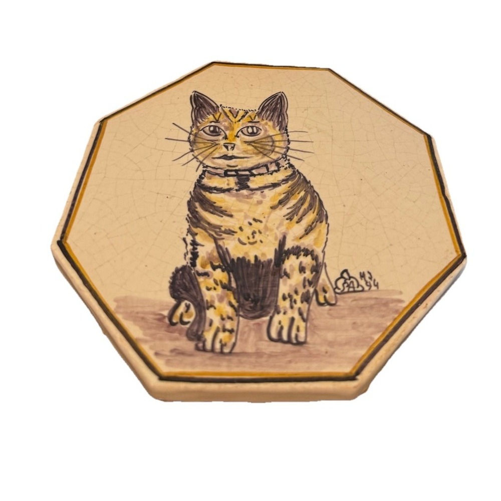 Vintage TILE SIGNED KITTY CAT HP POTTERY TRIVET TILE GALLE STYLE
